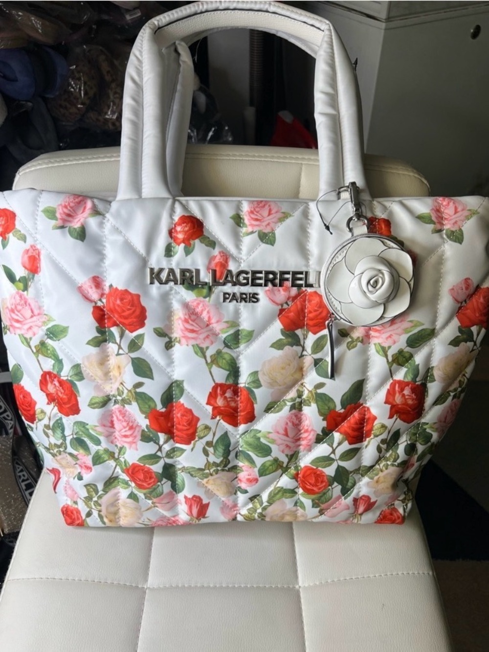 Karl Lagerfeld White Quilted Tote with Red & Pink Rose Pattern